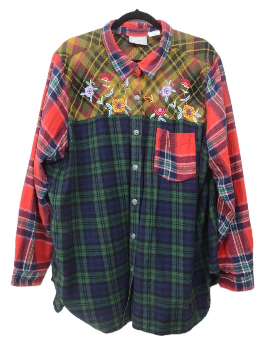 Blair VTG 90s PLUS 2X Multicolor Cotton Plaid Flannel Shirt Embroidered Flower